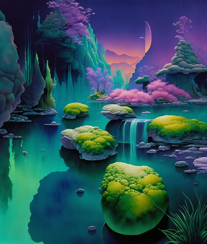 Vibrant green and pink foliage in fantastical landscape