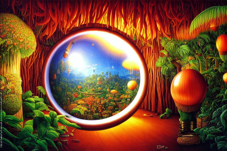 Colorful surreal artwork: round portal, lush landscape, giant fruits