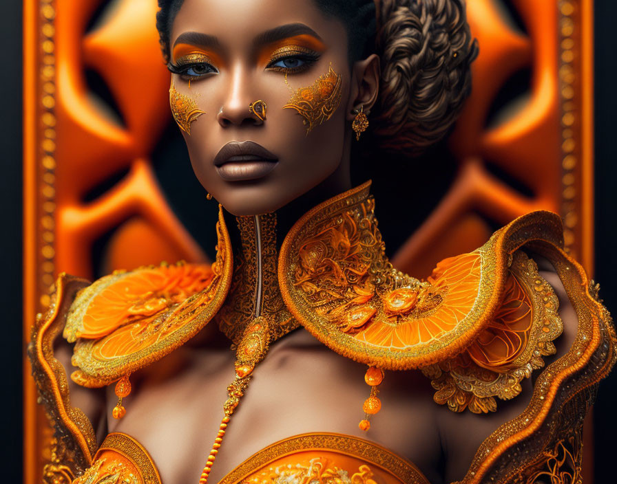 Woman with Golden Makeup and Ornate Accessories on Black and Orange Patterned Background