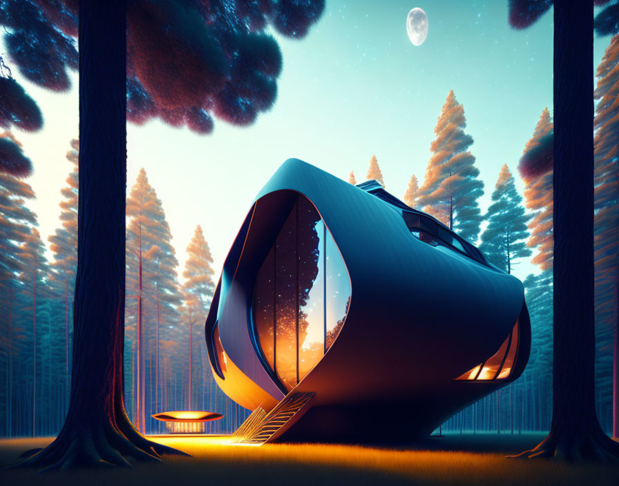 Futuristic Pod-Shaped House in Forest at Dusk