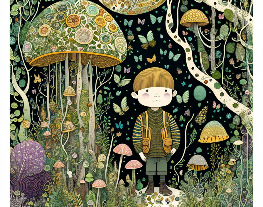 Child in forest with oversized mushrooms and butterflies