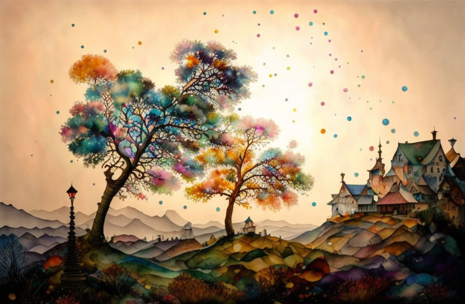 Colorful watercolor landscape with vibrant tree and quaint village in rolling hills