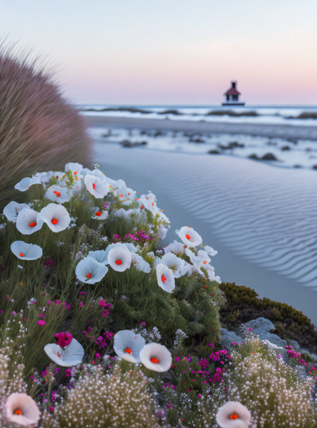 Twilight beachscape with flowers, sand ripples, and distant lighthouse