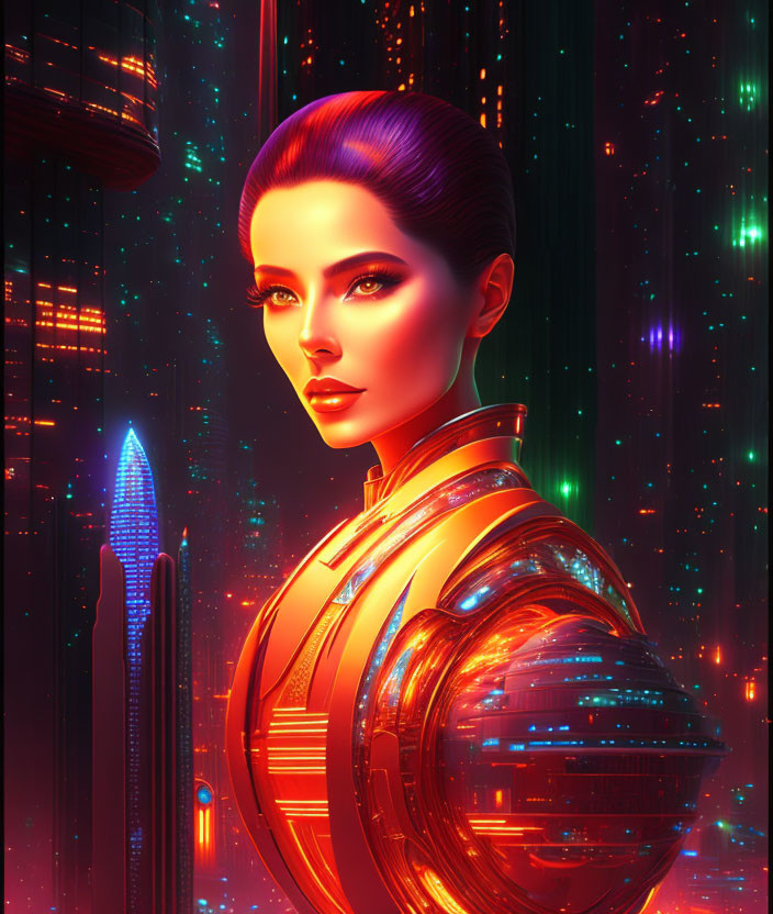 Futuristic female figure in orange attire in neon-lit cityscape