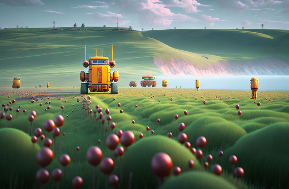 Animated landscape with yellow tractor, red plants, and harvesting robots