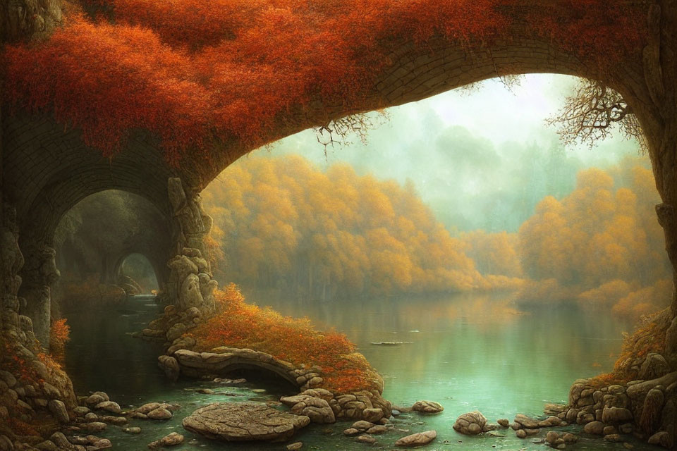 Stone arch bridge over tranquil river with autumn trees and mist