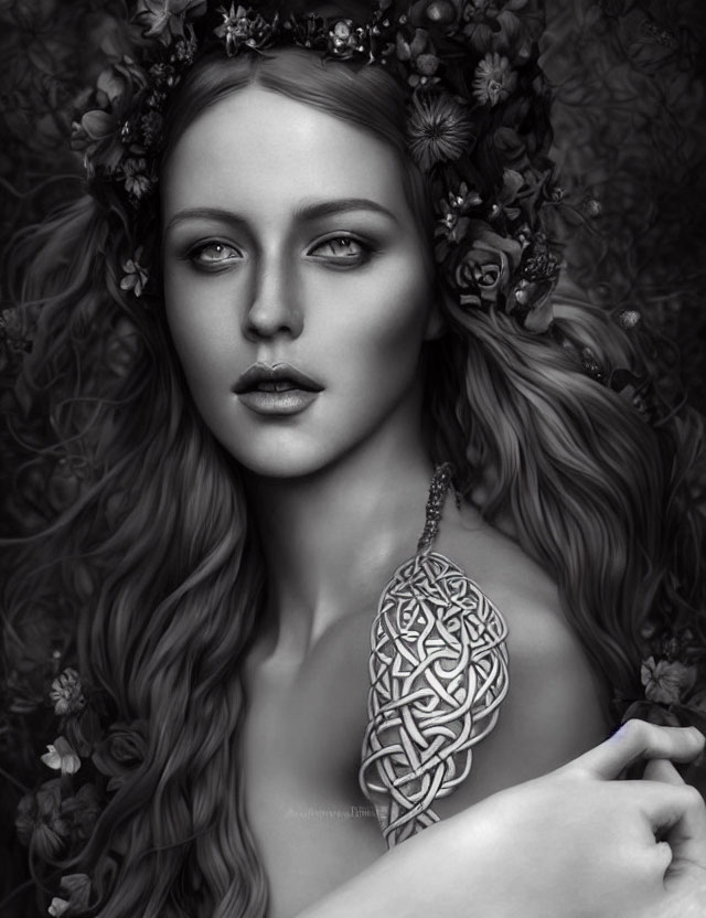 Monochromatic portrait of woman with floral crown and Celtic knot tattoo