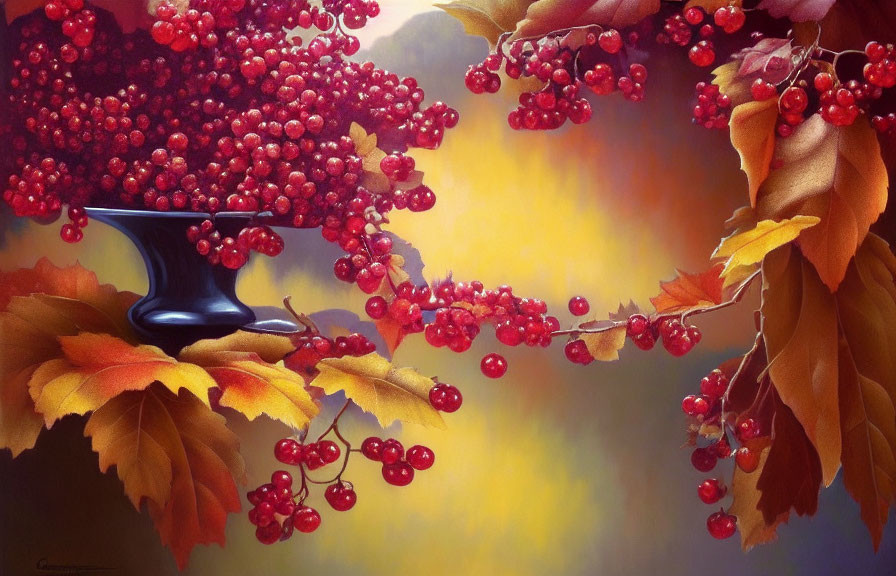 Colorful Still Life: Red Berries in Black Vase Amid Autumn Leaves