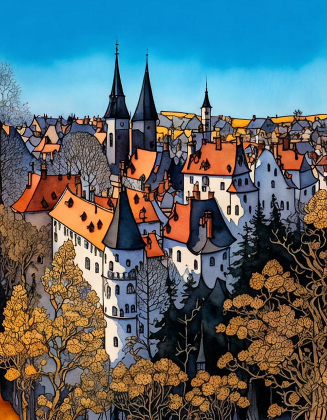 Illustration of Old European Town at Dusk