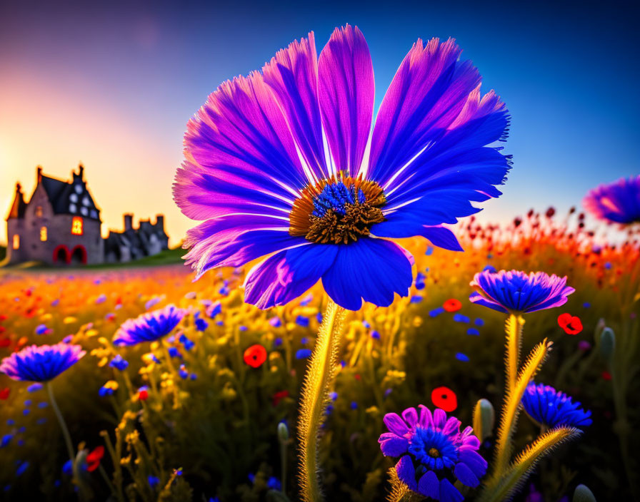 Vibrant Blue and Purple Flower in Focus with Sunset Sky and Blurry Background