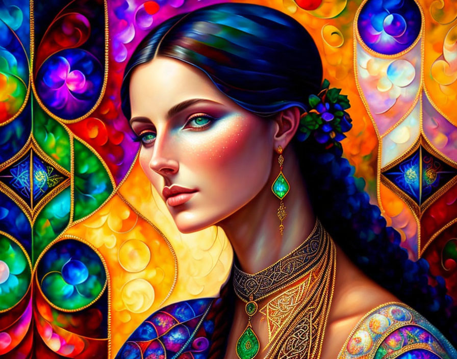 Colorful portrait of woman with blue hair & gold jewelry on psychedelic background