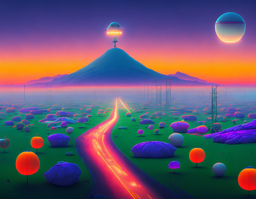 Futuristic landscape with glowing road, mountain, orbs, surreal sky