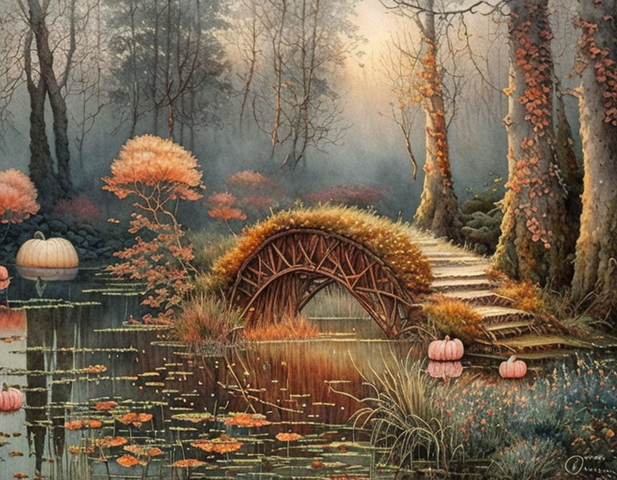 Serene Autumn Landscape with Wooden Bridge and Pumpkins