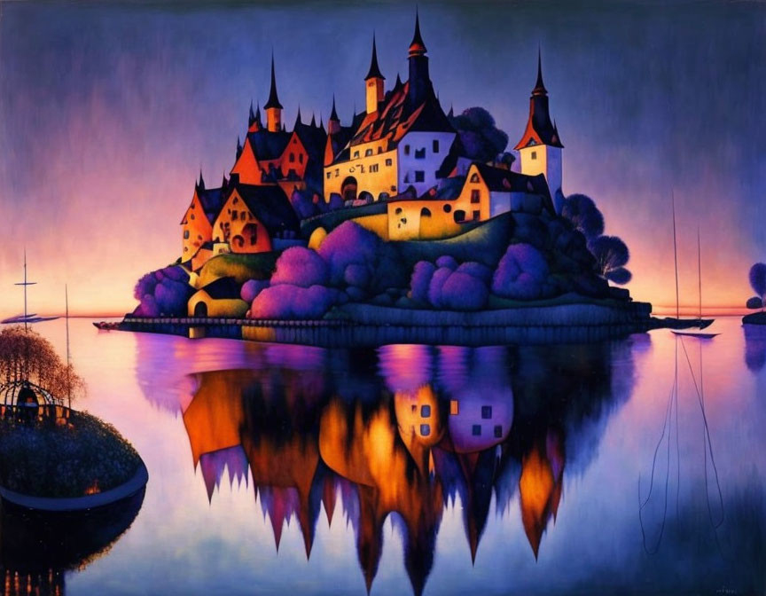 Vibrant castle town painting with sailboats and purple hues