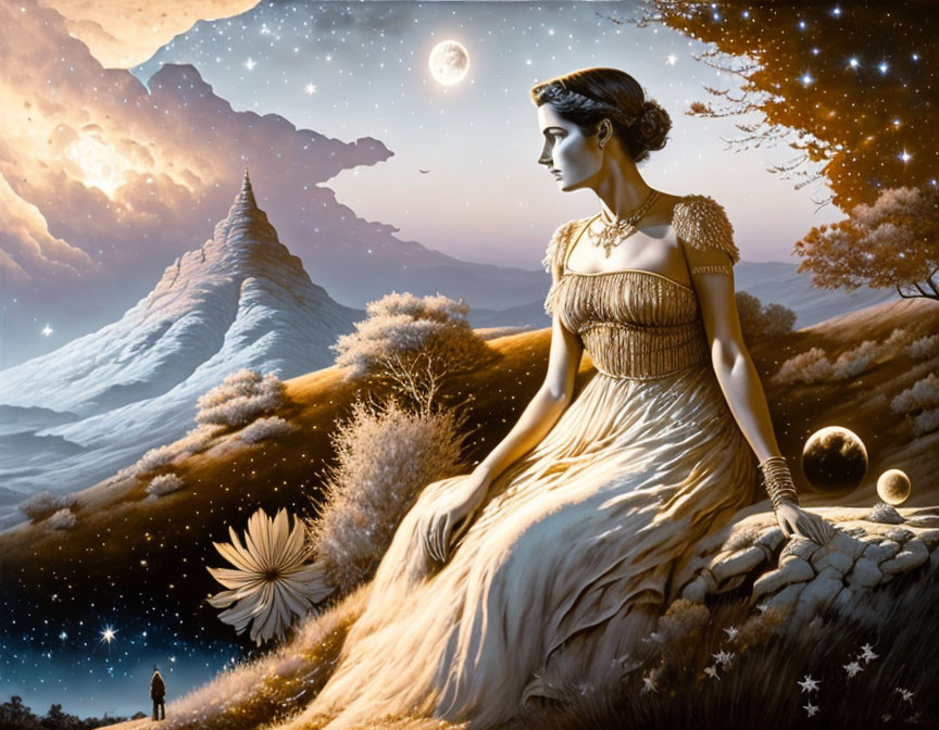 Surreal artwork: Woman in vintage dress with cosmic landscape