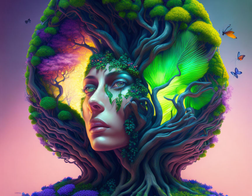 Colorful Artwork: Woman with Tree Features, Butterfly Motif