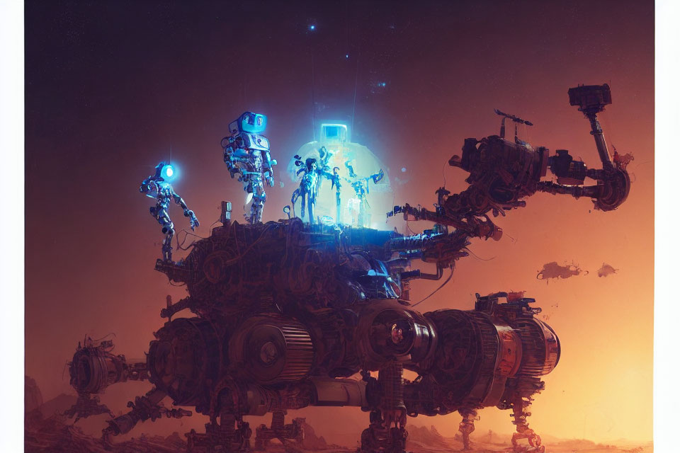 Futuristic robots on massive mechanical structure in dystopian setting