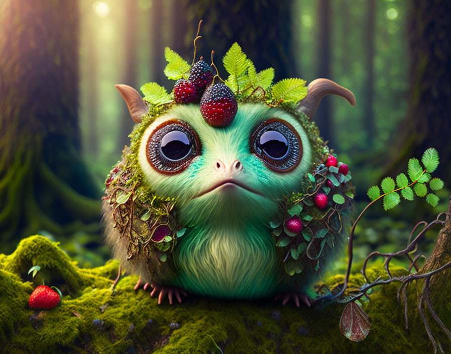 Whimsical creature with large eyes in sunlit forest surrounded by berries and foliage