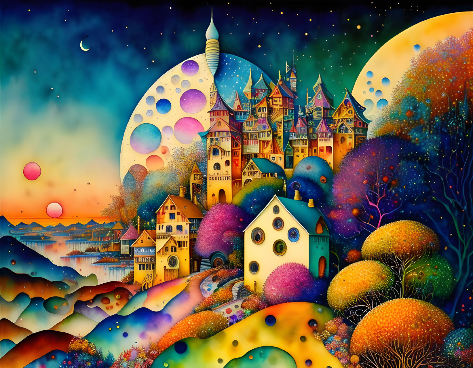 Fantasy castle in vibrant, whimsical landscape