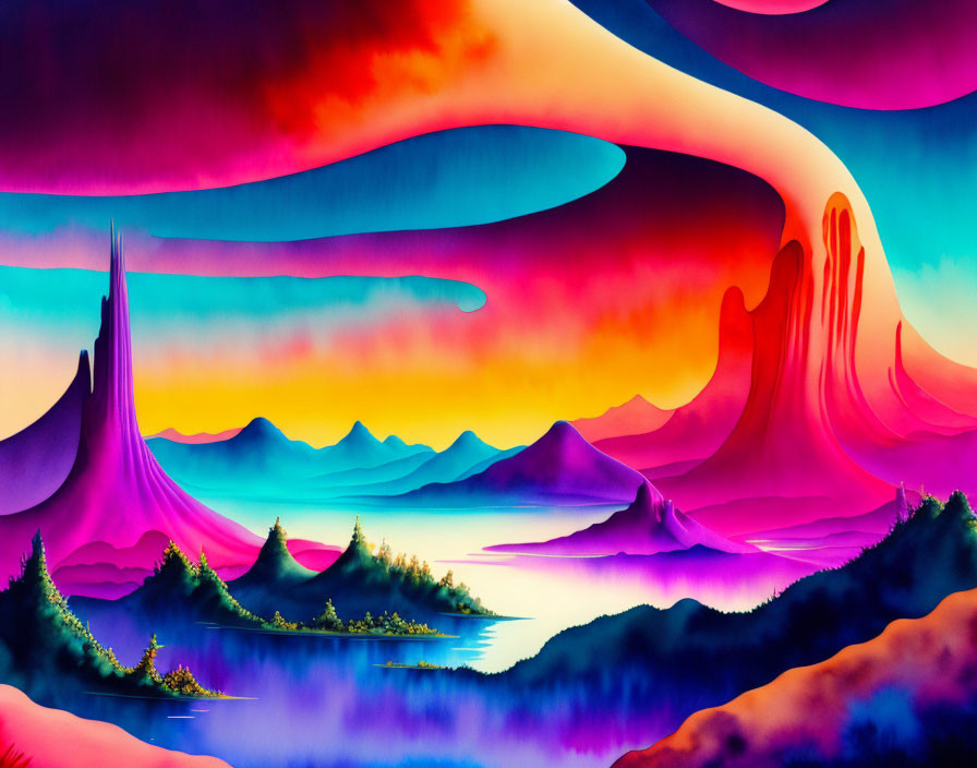 Colorful surreal landscape with mountains, lake, and sunset sky