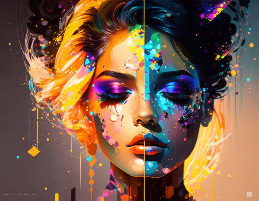 Split image of woman's face in warm and cool tones merging into vibrant colors.