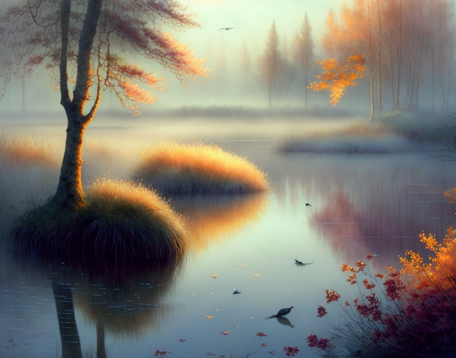 Serene Dawn Lake Scene with Mist, Autumn Trees, Birds, and Sunlight