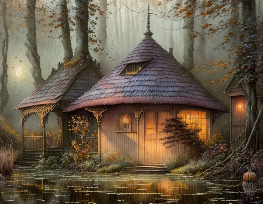 Cozy thatched-roof cottage by serene pond in misty autumnal landscape