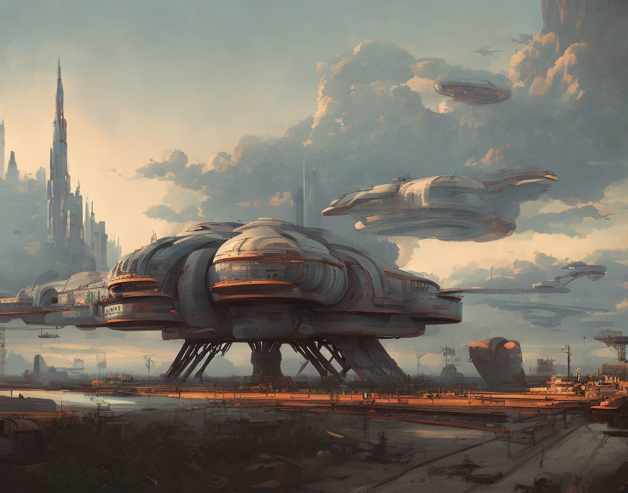 Futuristic cityscape with towering spires and floating ships