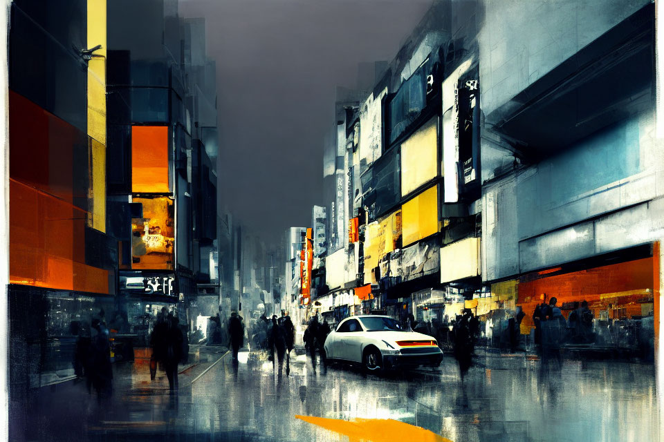 Vibrant impressionistic cityscape with bright signs and blurred figures.