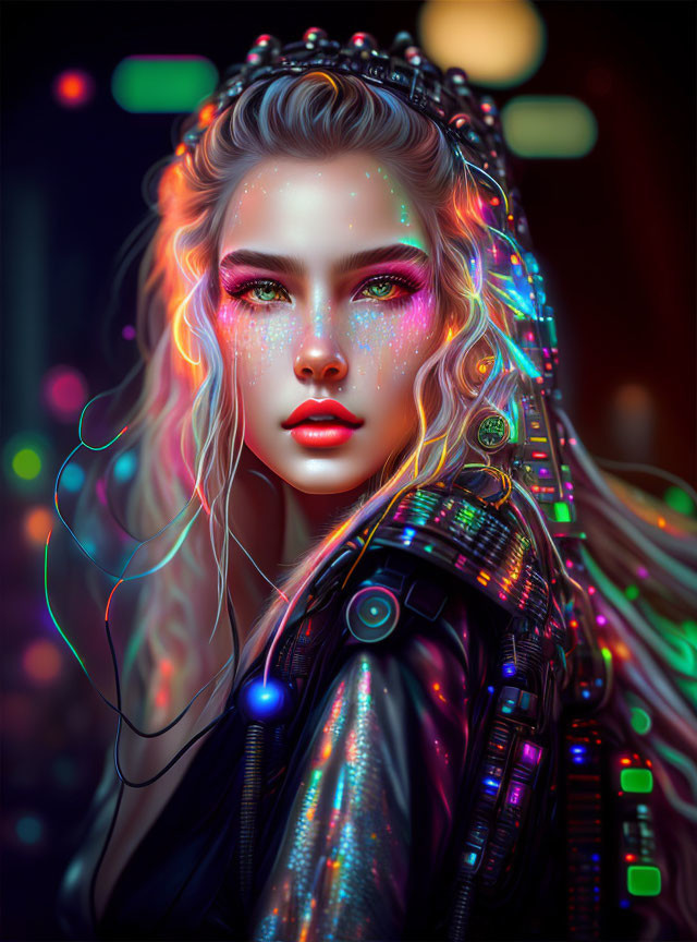 Digital artwork: Woman with glowing makeup and light-woven braid in futuristic jacket