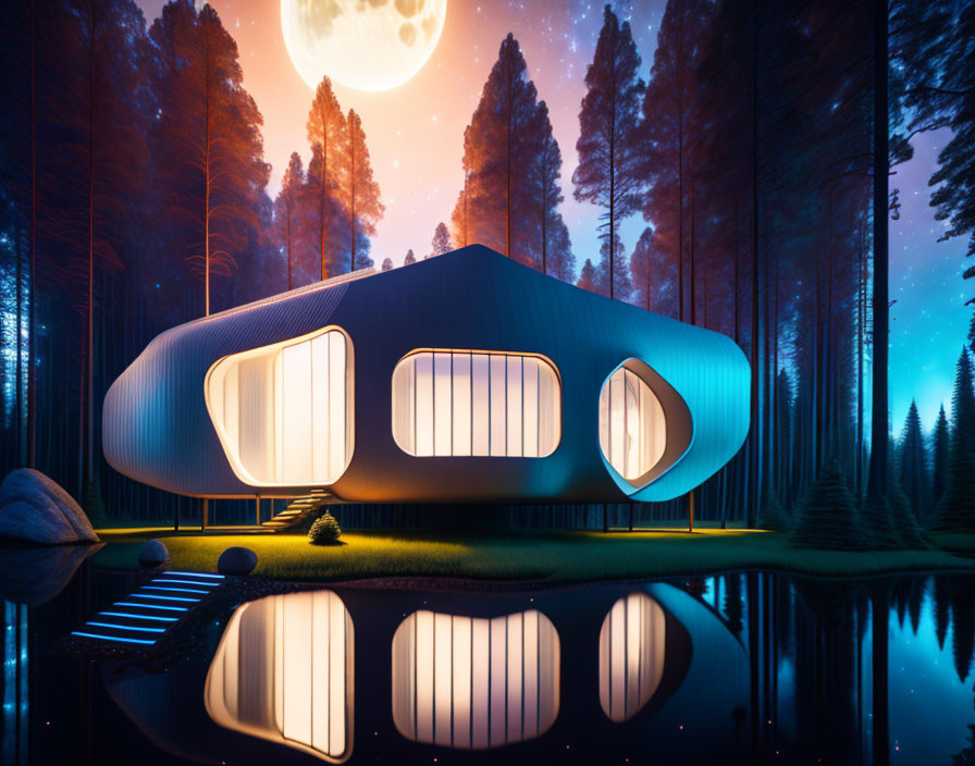 Futuristic House with Illuminated Windows by Serene Pond