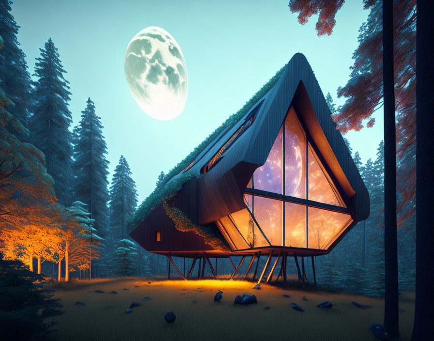 Geometric cabin in forest under full moon with warm glow and twilight trees