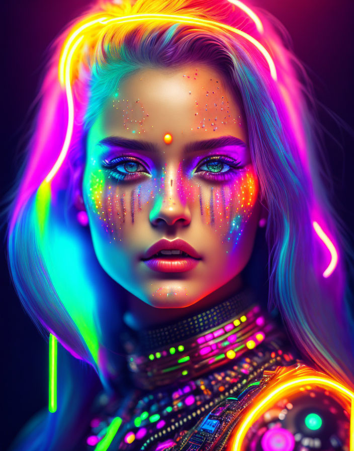 Vibrant neon makeup on digitally created woman with glowing hair highlights