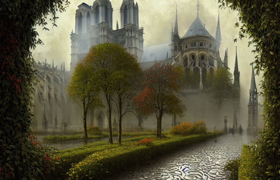 Gothic cathedral in misty autumn forest scene