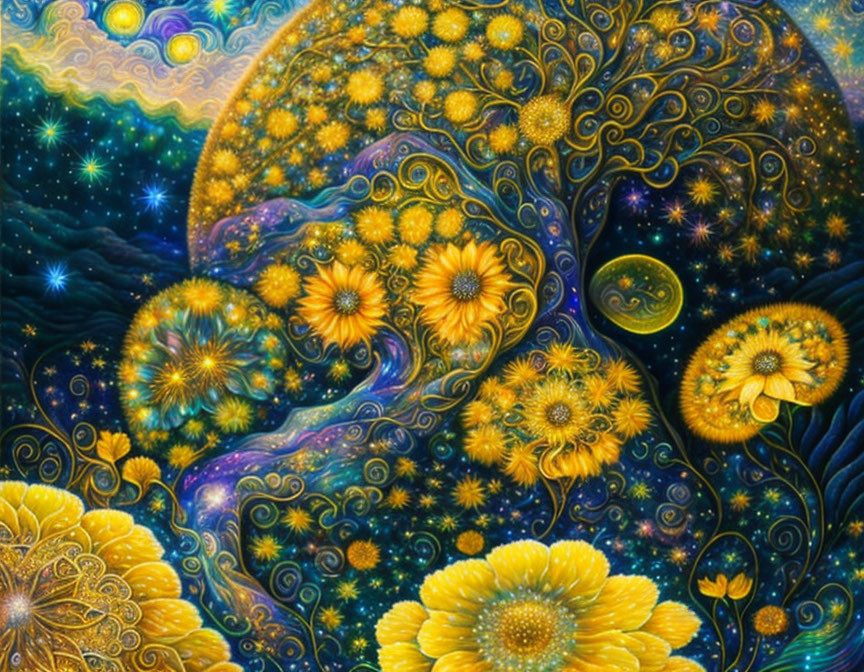 Colorful cosmic artwork: swirling patterns, floral designs, celestial bodies.