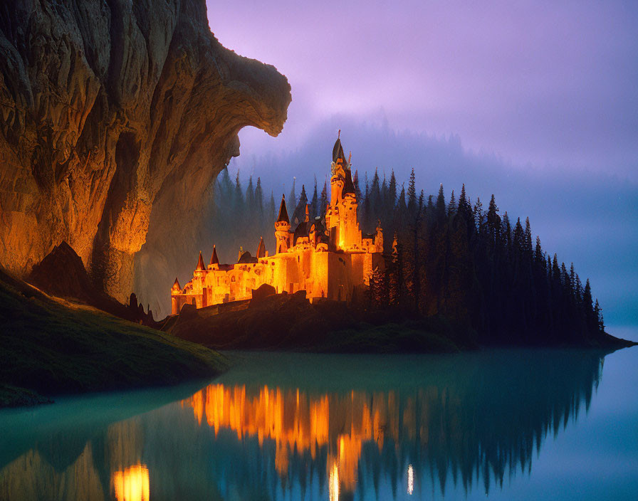 Castle in Mountain Cave Overlooking Lake with Twilight Sky