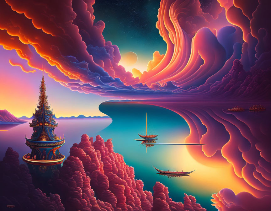 Surreal landscape with purple and orange sky, swirling clouds, reflective water, traditional boats, pag