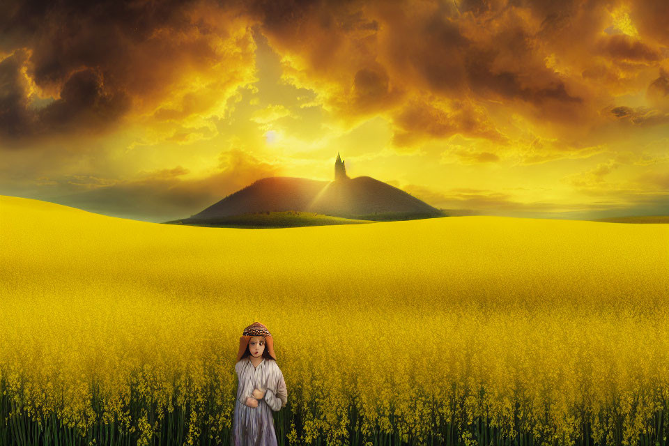 Young girl in yellow flower field at sunset with lone hill and structure