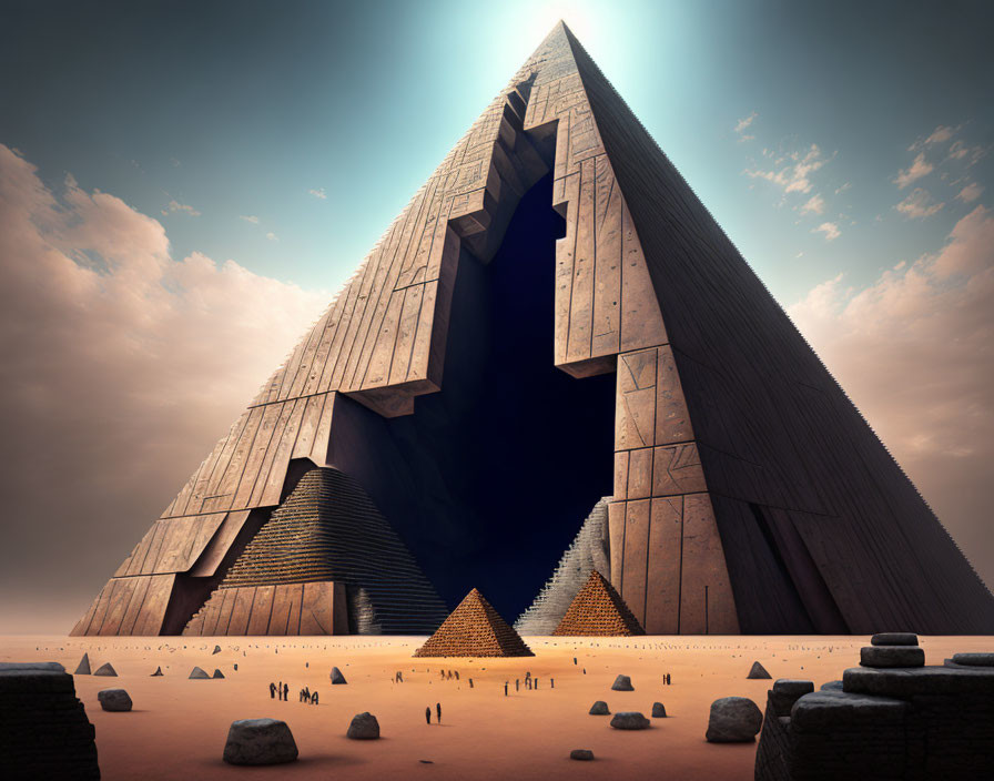 Gigantic futuristic pyramid in desert with open doorway and smaller pyramids under hazy sky.