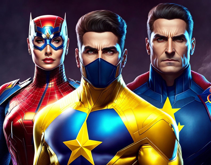 Colorful Metallic Superheroes: Woman in Red and Blue, Man in Blue and Gold, and Man