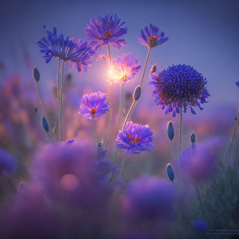 Purple flowers in soft sunset glow with blurred background.