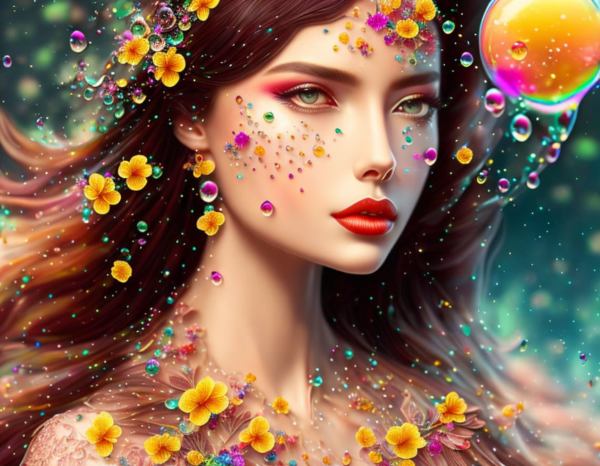 Digital Artwork: Woman with Flowing Hair, Flowers, Jewels, and Iridescent B