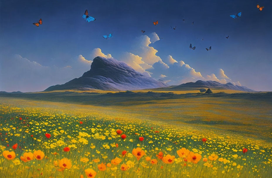 Scenic landscape with flower-filled meadow, butterflies, and mountain