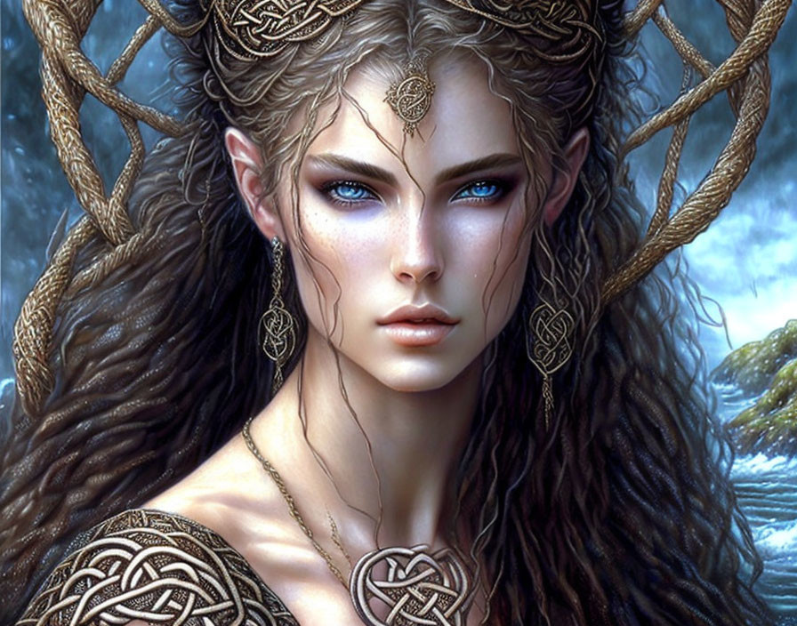 Fantasy female figure with blue eyes, gold jewelry, and braided hair in frosty setting