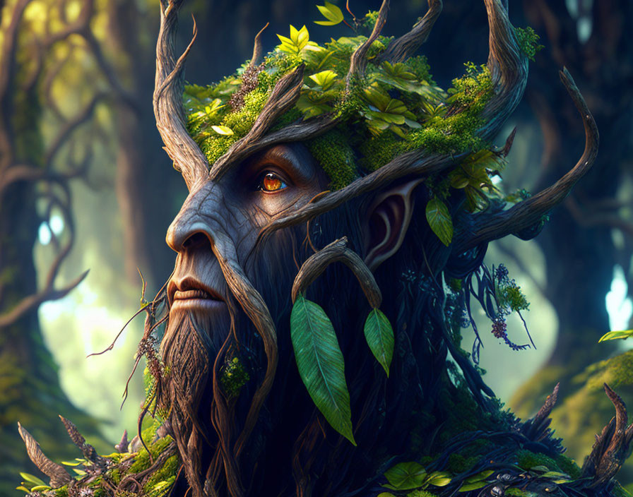 Fantasy creature with tree-like appearance in sunlight.