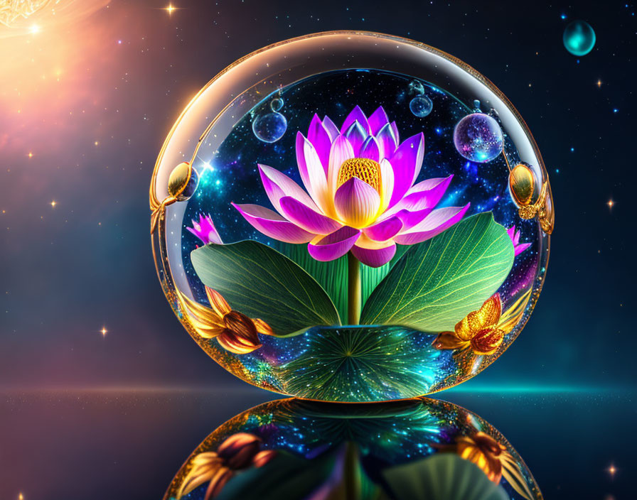 Colorful digital artwork: lotus flower in transparent sphere, cosmic background.