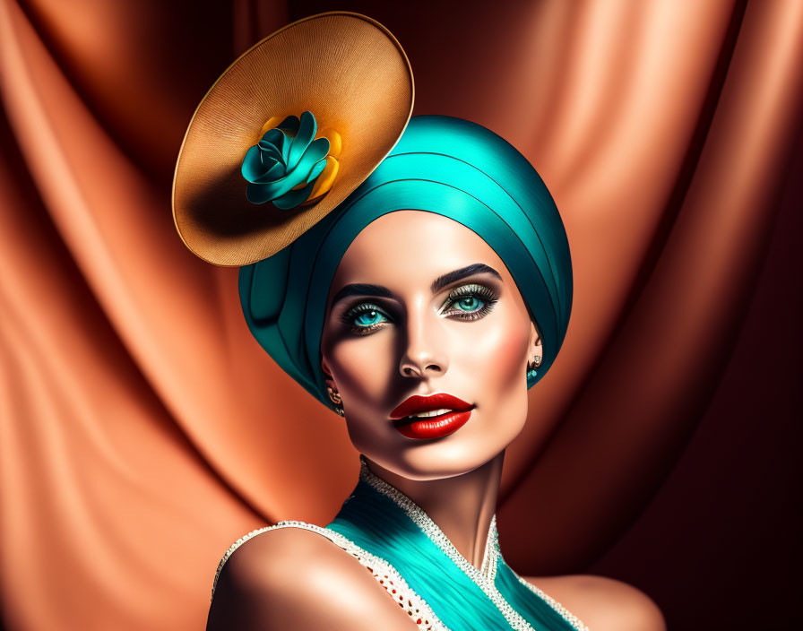 Digital artwork: Woman with green eyes, turquoise headwrap, flower hat, red lipstick on orange background