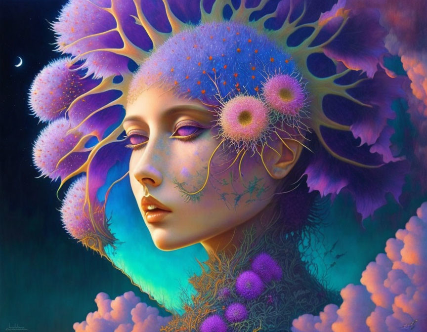 Surreal portrait of woman with purple coral-like growths on head in deep blue backdrop