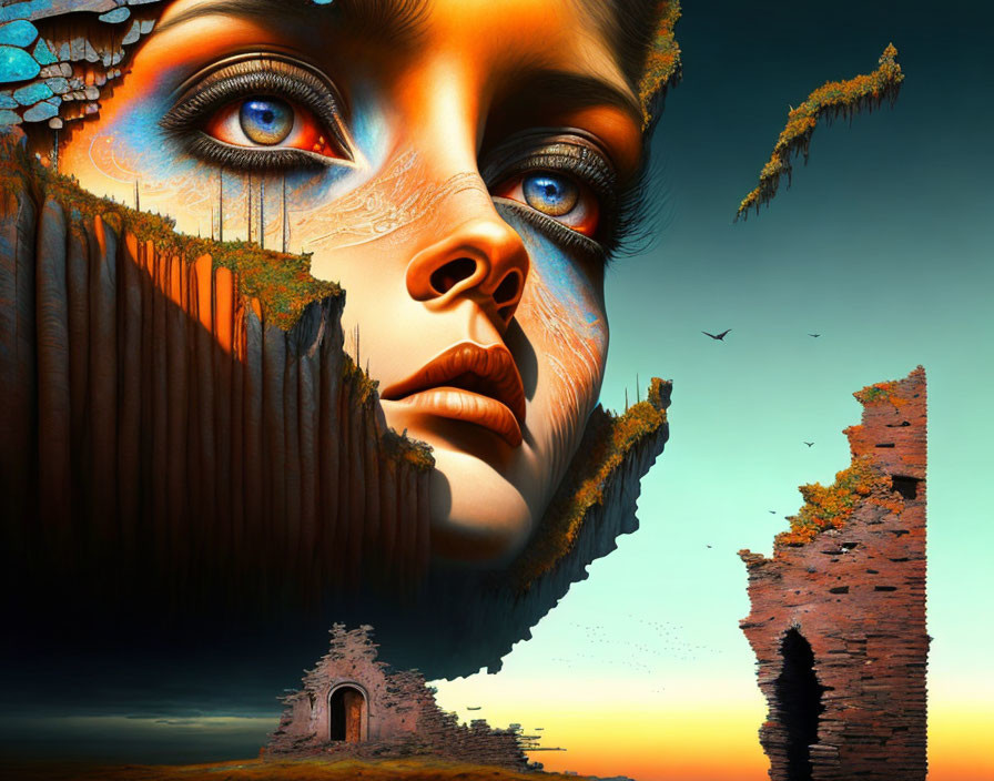 Vibrant surreal artwork: woman's face blending with landscape