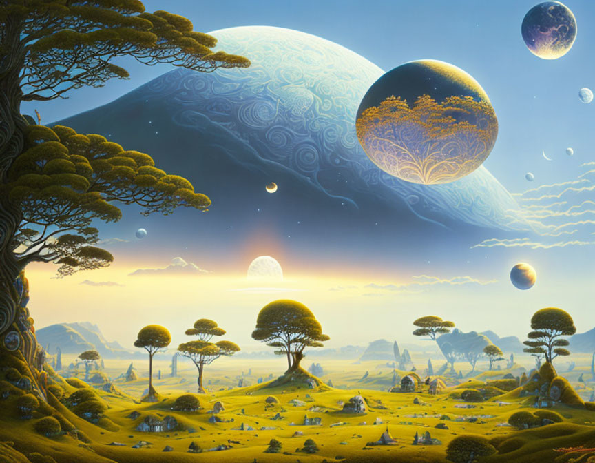 Fantasy landscape with whimsical trees, green fields, and multiple moons.